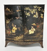 TABLE CABINET, George III lacquered and gilt polychrome chinoiserie decorated, bowfront with two