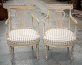 ARMCHAIRS, a set of six, 19th century painted with lyre splat backs and gingham stuffover seats,