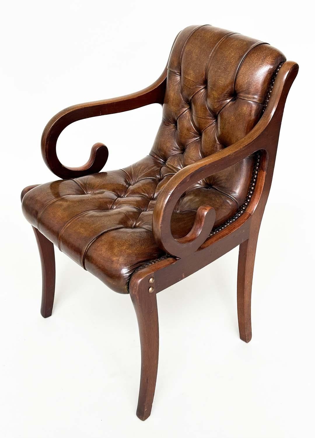 LIBRARY ARMCHAIRS, a pair, Georgian style buttoned soft natural antique brown leather upholstered - Image 8 of 9