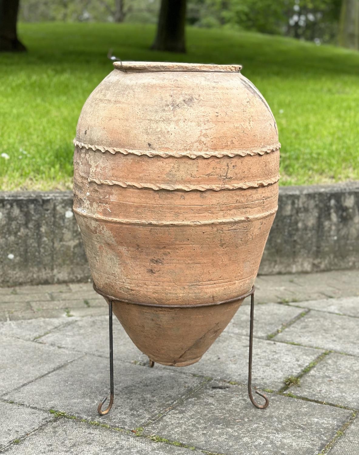 GARDEN OLIVE JAR, well weathered terracotta amphora, with pressed banded detail raised on wrought - Image 2 of 8