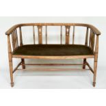HALL SEAT, Edwardian fruitwood with studded upholstered seat and pierced splat back, 130cm W.