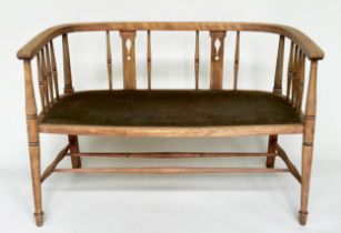 HALL SEAT, Edwardian fruitwood with studded upholstered seat and pierced splat back, 130cm W.