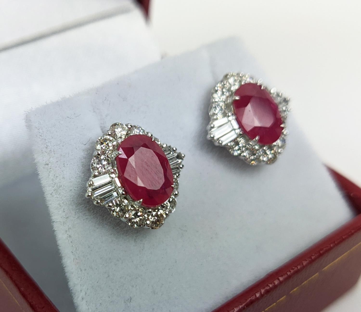 A PAIR OF 18CT WHITE GOLD RUBY AND DIAMOND STUD EARRINGS, the central mixed cut stones of - Image 4 of 7