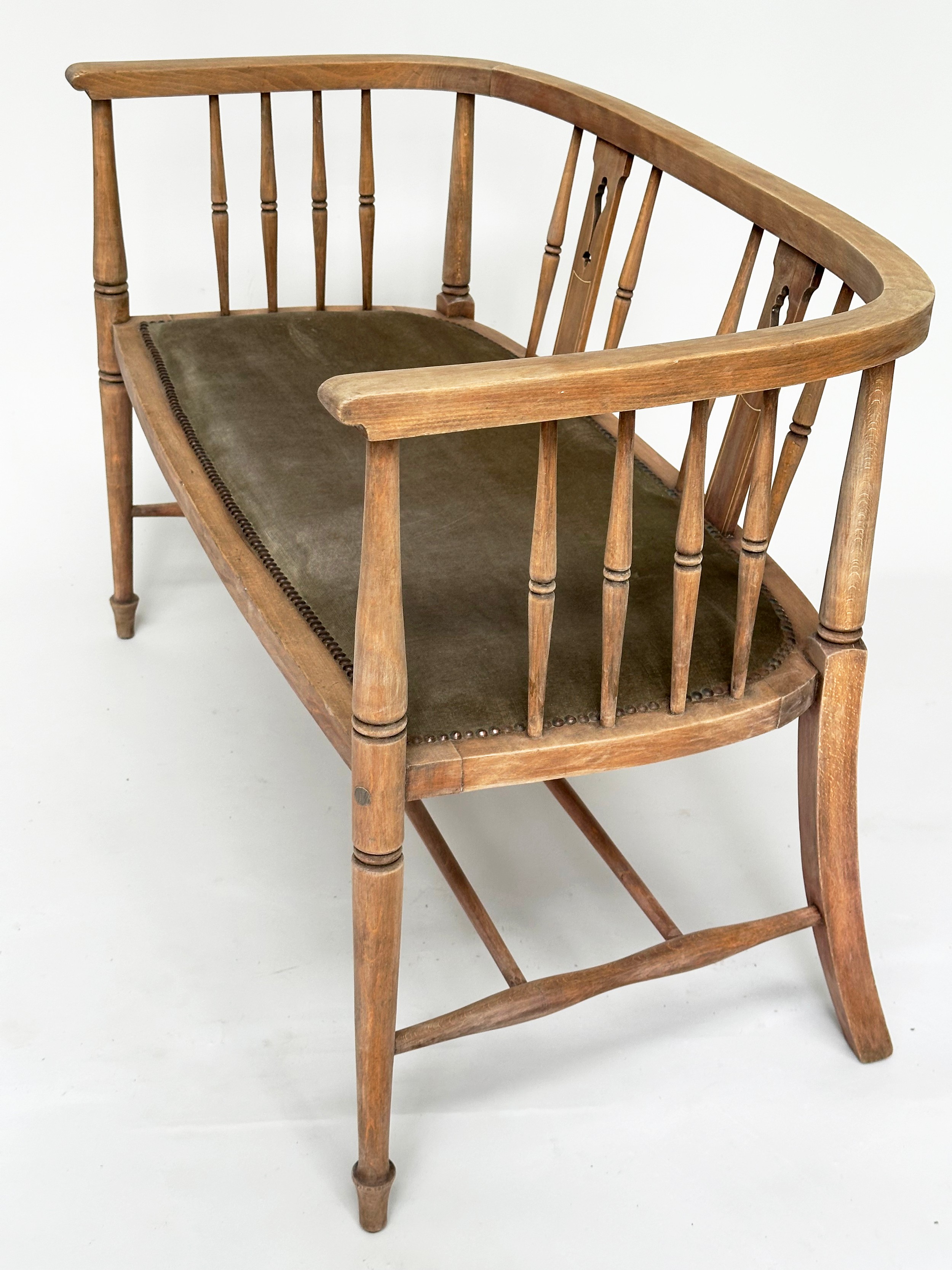 HALL SEAT, Edwardian fruitwood with studded upholstered seat and pierced splat back, 130cm W. - Image 7 of 7