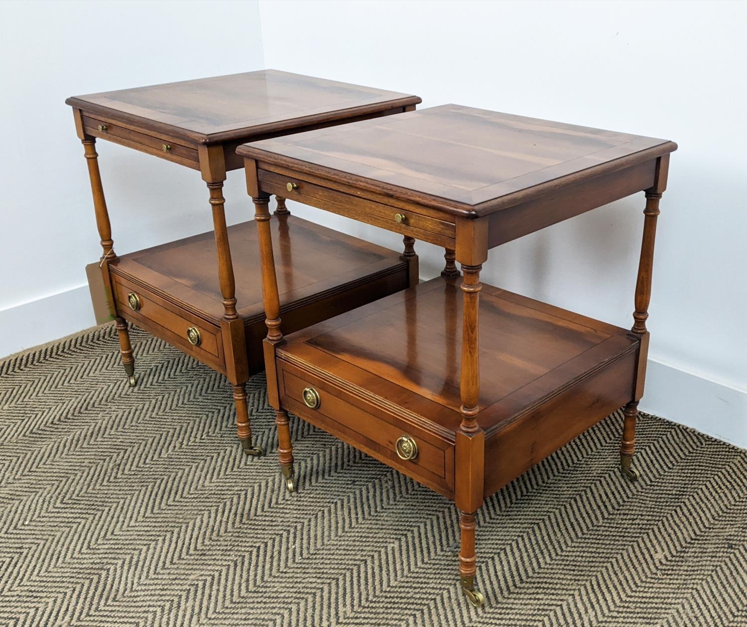 LAMP TABLES, a pair, Georgian style yewwod, each with green leather slide and drawer below on - Image 4 of 14