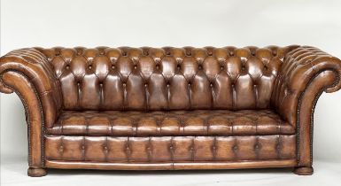 CHESTERFIELD SOFA, natural soft antique tan brown leather with deep buttoned arched back and arms,