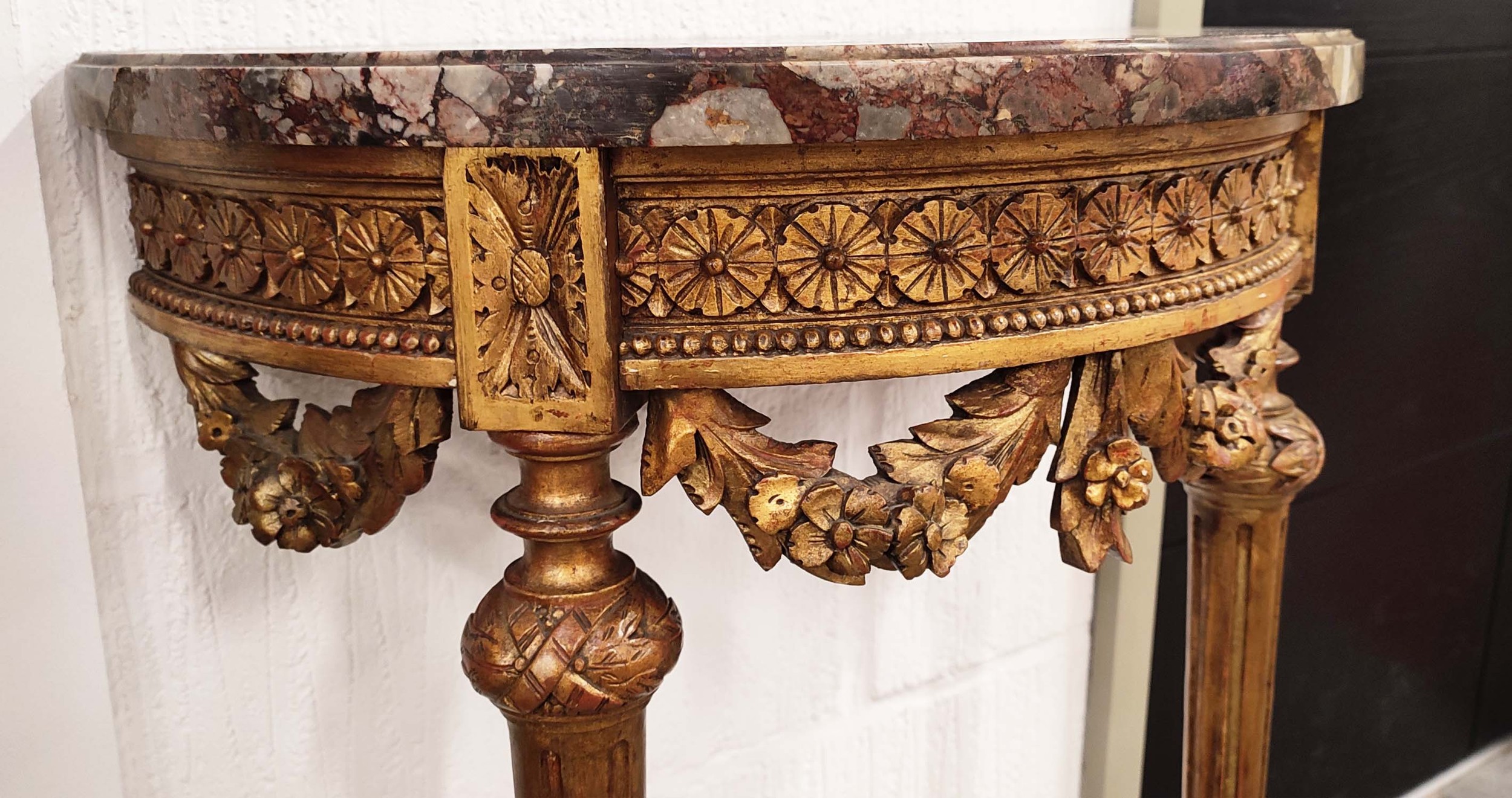DEMI LUNE CONSOLE TABLE, French, circa 1880, with variegated marble top on carved giltwood base, - Image 2 of 5