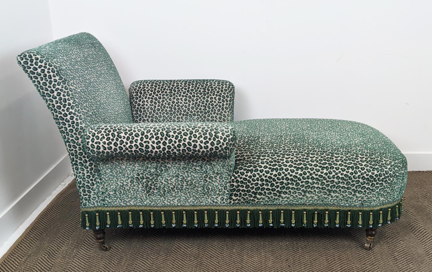 GEORGE SMITH BUTTERFLY CHAISE, leopard print cut velvet upholstery with bullion fringe, raised on - Image 2 of 6