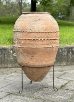 GARDEN OLIVE JAR, well weathered terracotta amphora, with pressed banded detail raised on wrought