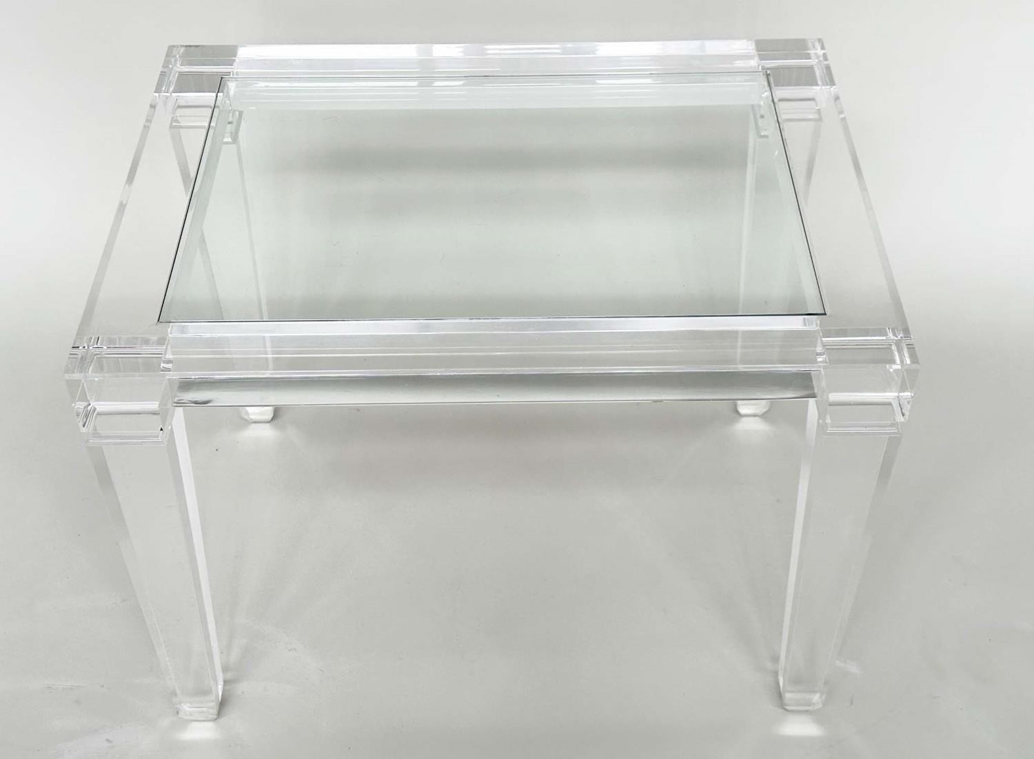 LUCITE LOW CENTRE TABLE, framed with glass inset top and square tapered supports, 80cm x 60cm x 60cm - Image 5 of 7
