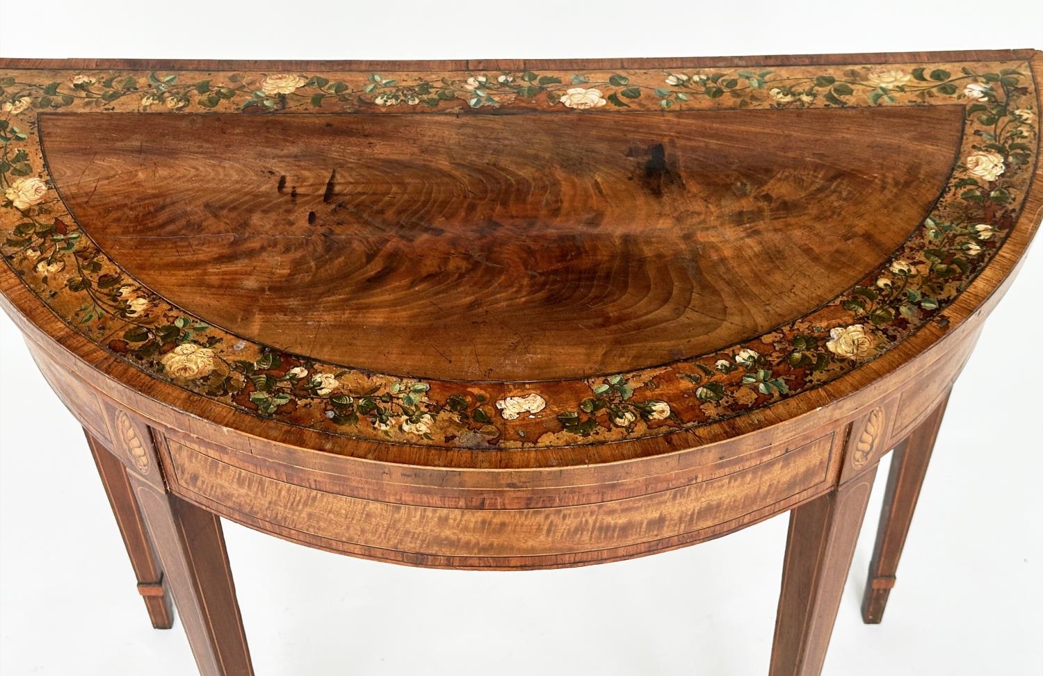 CARD TABLE, George III flame mahogany demi lune polychrome floral painted satinwood crossbanded, - Image 5 of 14