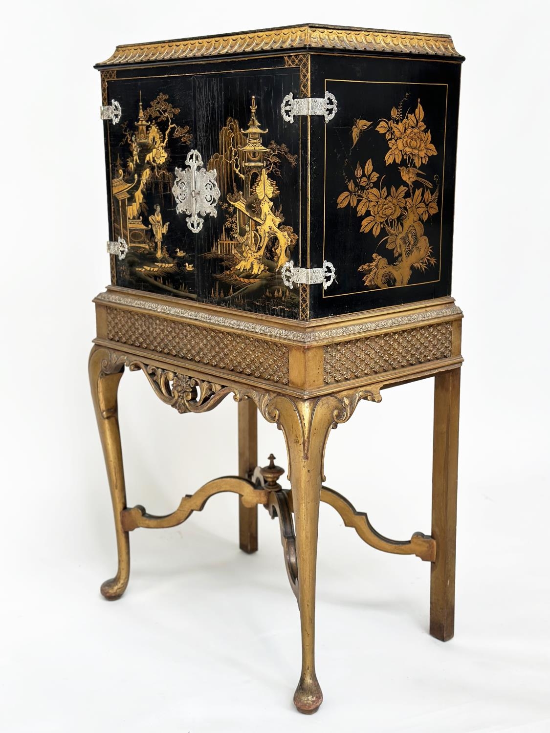 CABINET ON STAND, early 20th century English lacquered and gilt chinoiserie decorated, silvered - Image 10 of 11