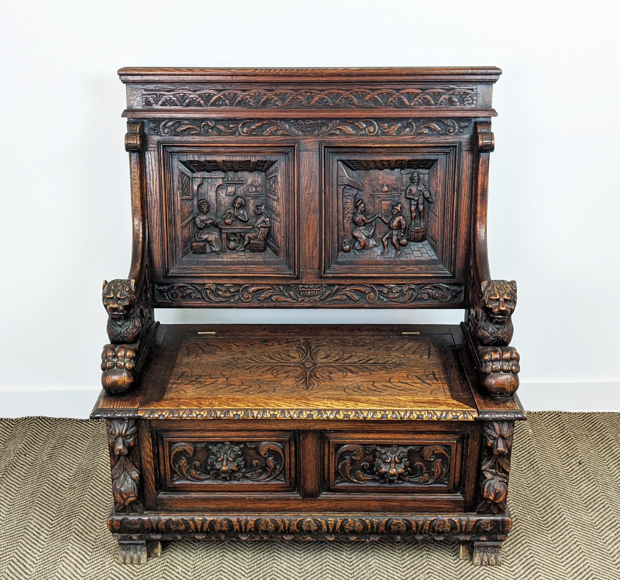 SETTLE, early 20th century Jacobean style oak with lion carved arms and hinged seat, 122cm H x - Image 2 of 12