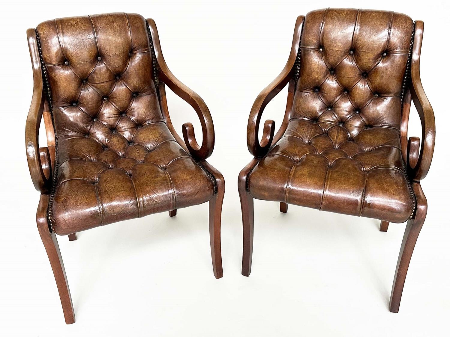 LIBRARY ARMCHAIRS, a pair, Georgian style buttoned soft natural antique brown leather upholstered - Image 5 of 9