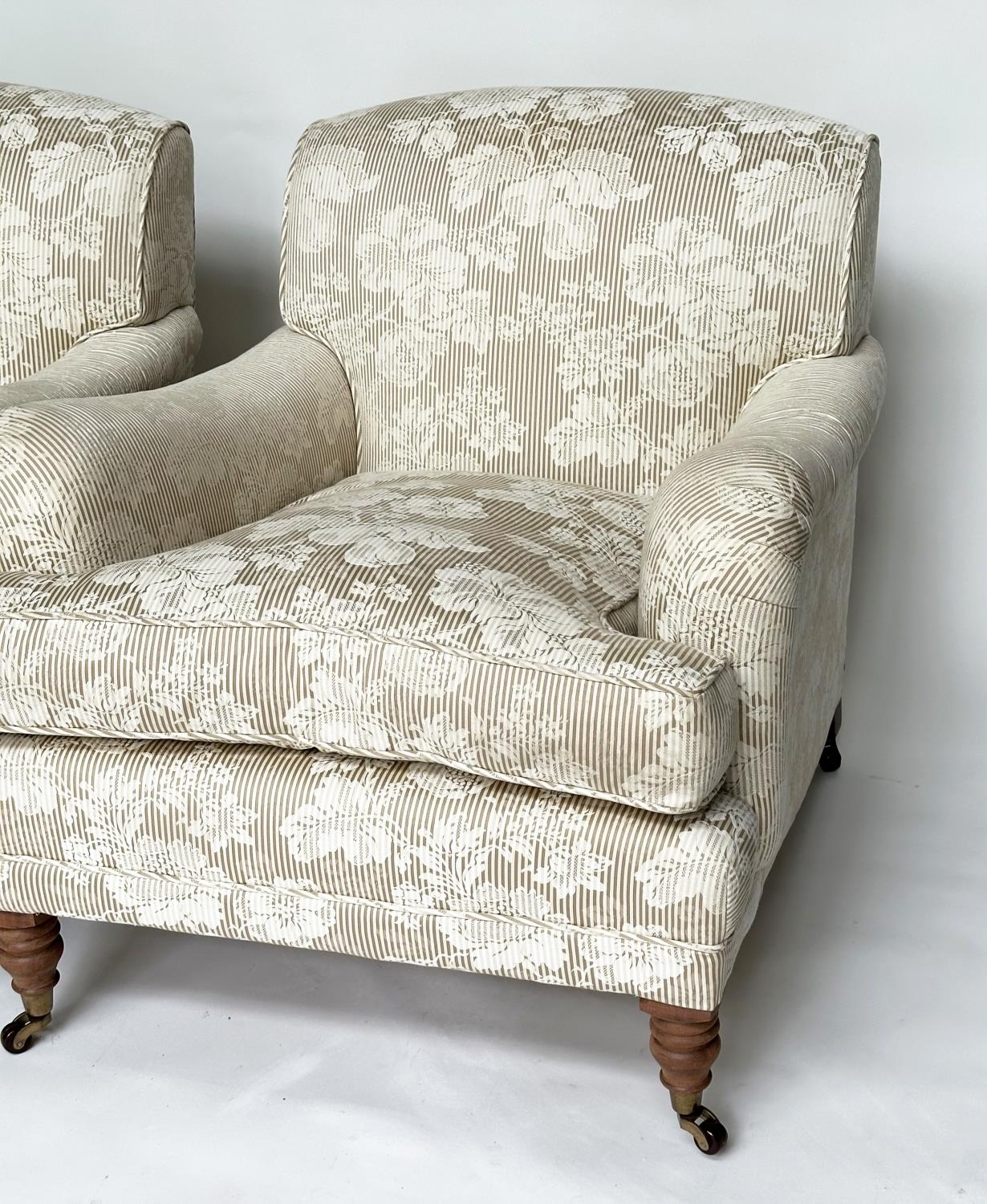ARMCHAIRS, a pair, Howard style with floral and grey striped upholstery, 88cm W. (2) - Image 3 of 8