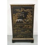 SIDE CABINET, black Chinoiserie decorated of two doors above three drawers, 120cm H x 66cm x 41cm.