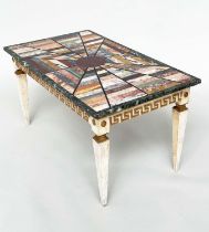 SPECIMEN MARBLE LOW TABLE, Italian rectangular inlaid marble top on Florentine parcel gilt Greek key
