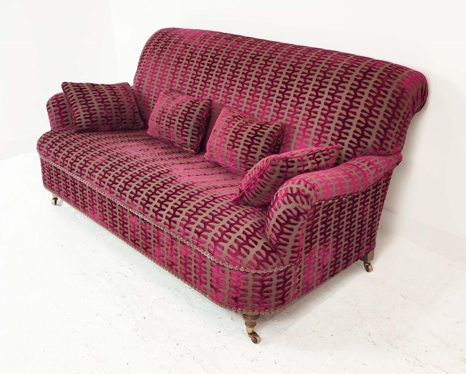 SOFA, Victorian design, studded fuchsia cut velvet upholstery with turned front supports and - Image 2 of 7