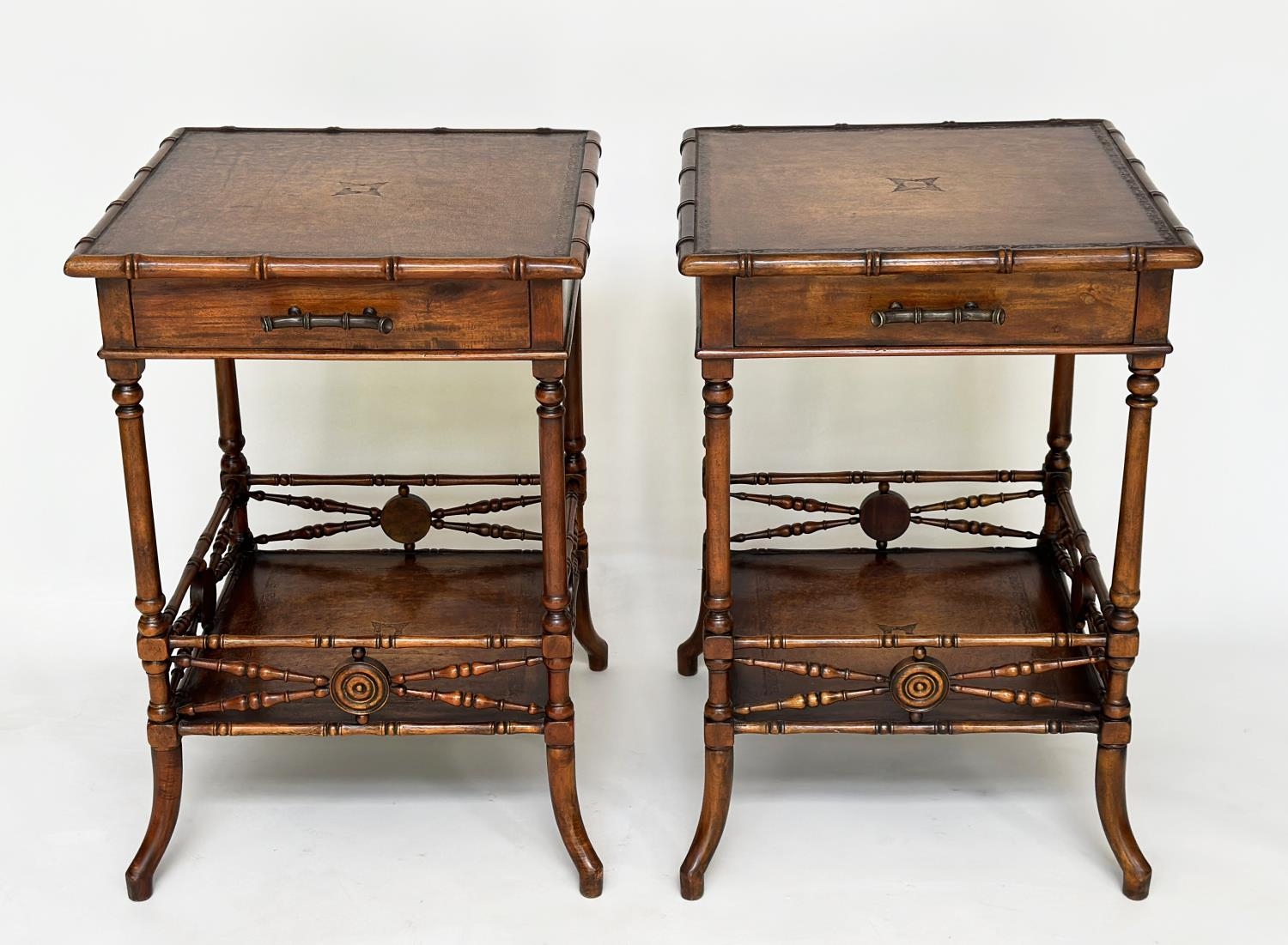 THEODORE ALEXANDER LAMP TABLES, a pair, Regency style, tooled leather faux bamboo and turned