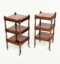 LAMP TABLES, a pair, George III style yewwood and crossbanded each with three tiers and turned