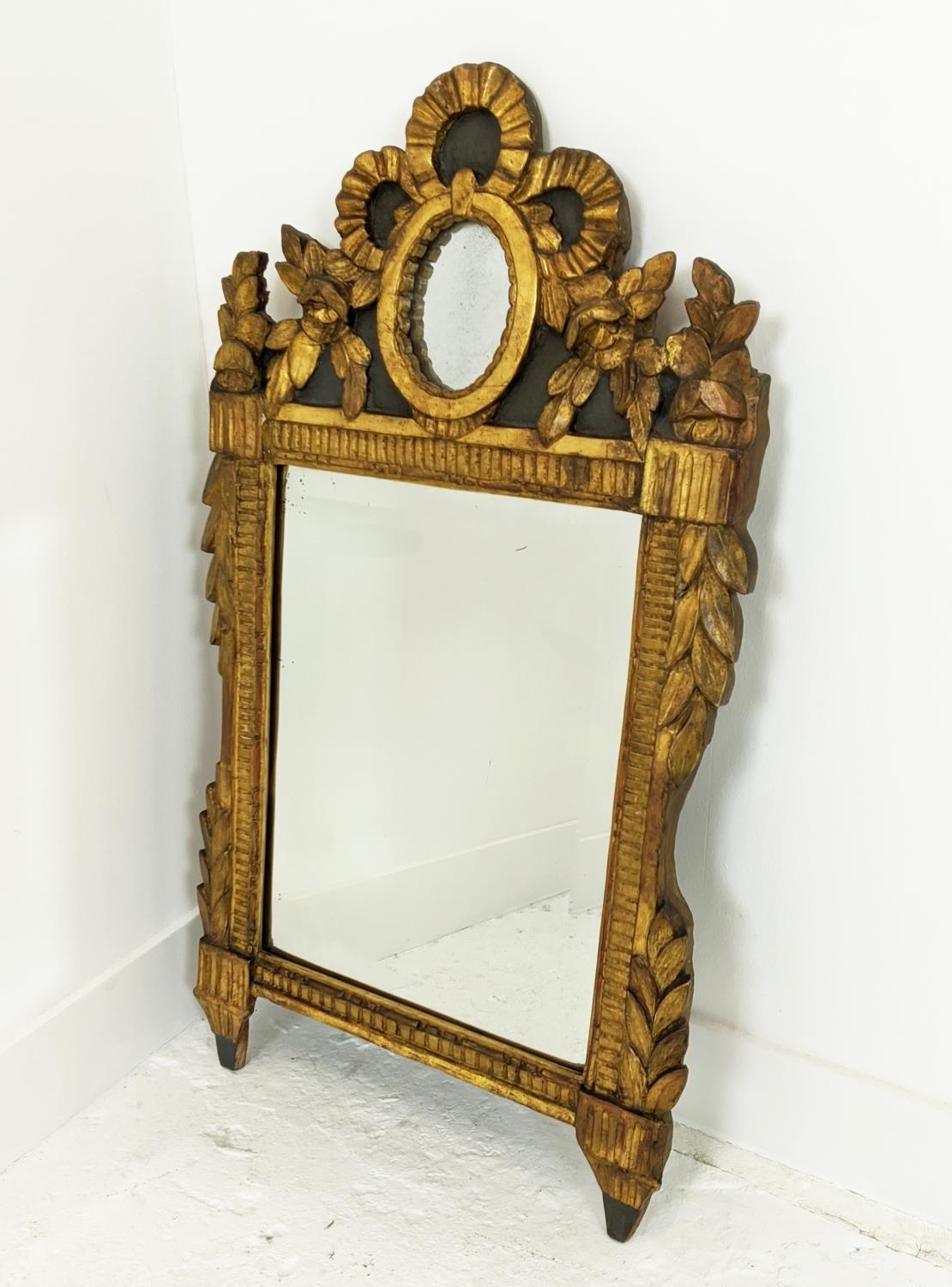 WALL MIRROR, Louis XVI giltwood and painted with bevelled plate and oval mirrored inset crest, - Image 2 of 6