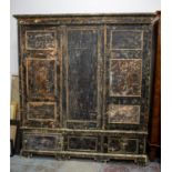 WARDROBE, Victorian faux bamboo distressed painted pine of three doors, enclosing brass hanging