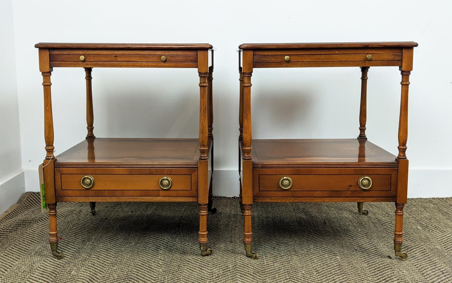 LAMP TABLES, a pair, Georgian style yewwod, each with green leather slide and drawer below on - Image 2 of 14