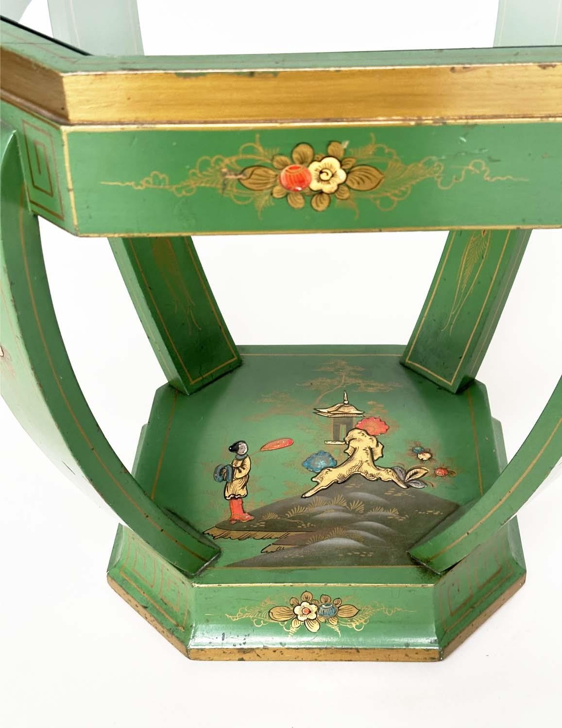 OCCASIONAL TABLES, a pair, Art Deco period green polychrome and gilt Chinoiserie decorated each - Image 11 of 12