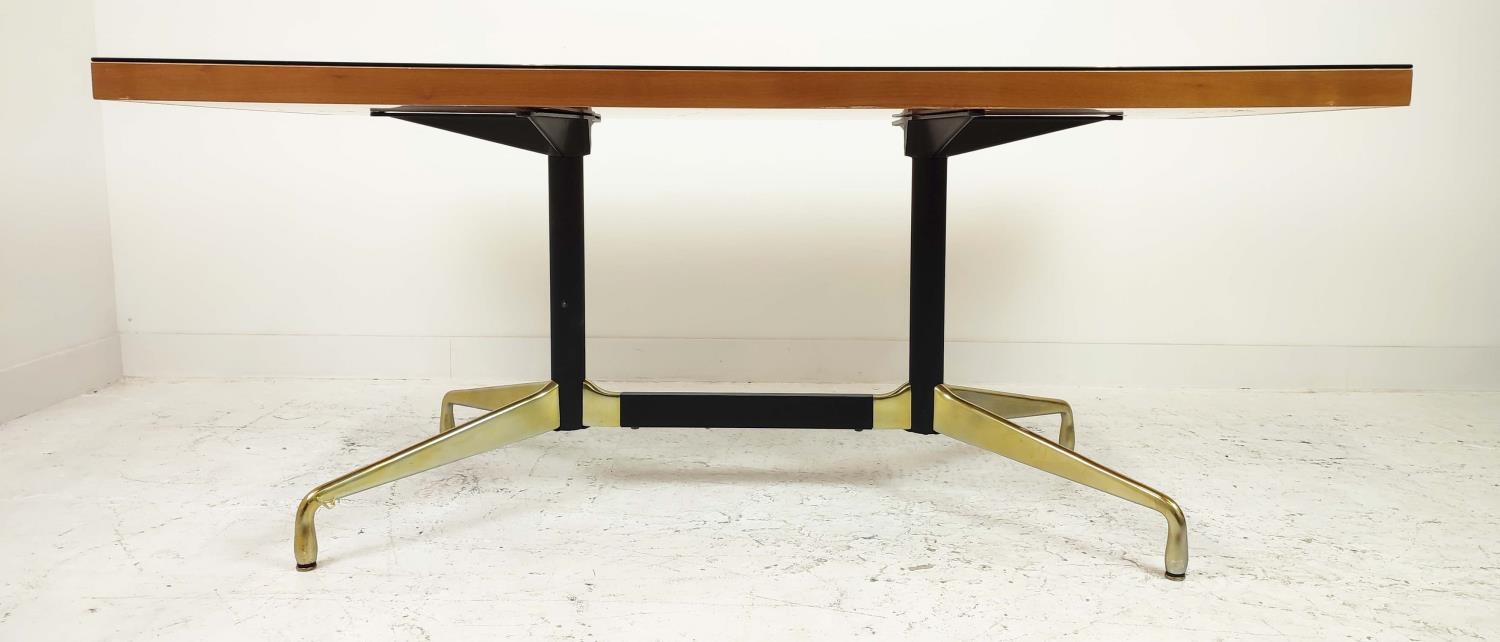 CHARLES AND RAY EAMES STYLE DINING TABLE, rectangular form, raised on a black metal and brass twin - Image 2 of 11