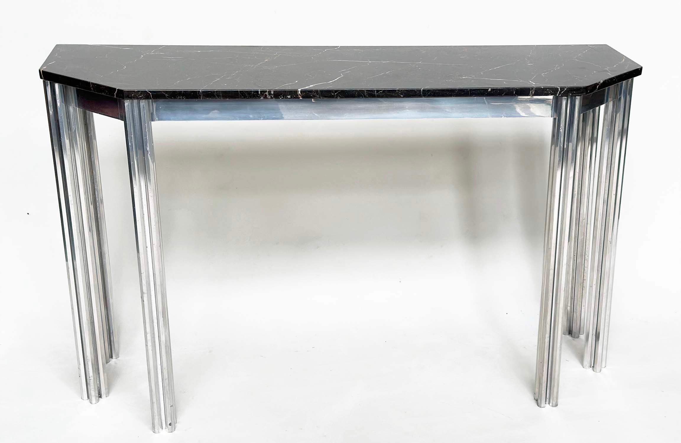 ATTRIBUTED TO ALBRIZZI CONSOLE TABLE, with canted marble and chrome solid cluster column supports, - Image 2 of 13