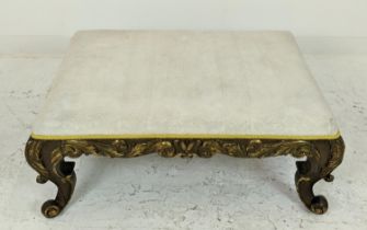 STOOL, 19th century Italian painted and carved giltwood, rectangular cream upholstery, 43cm H x