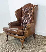 WING ARMCHAIR, Georgian style brown leather, 112cm H x 92cm.