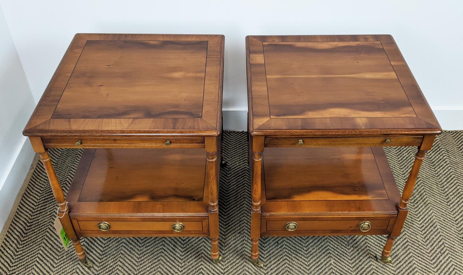 LAMP TABLES, a pair, Georgian style yewwod, each with green leather slide and drawer below on - Image 3 of 14