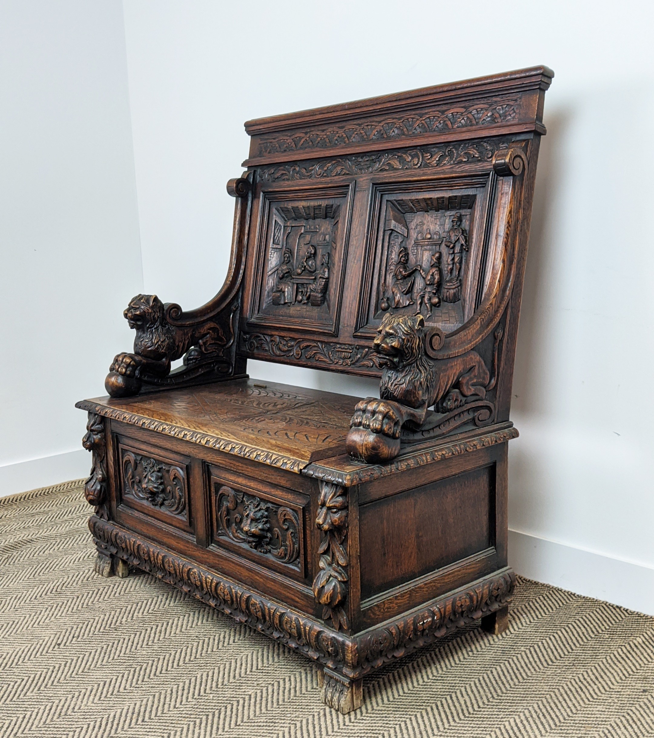 SETTLE, early 20th century Jacobean style oak with lion carved arms and hinged seat, 122cm H x - Image 5 of 12