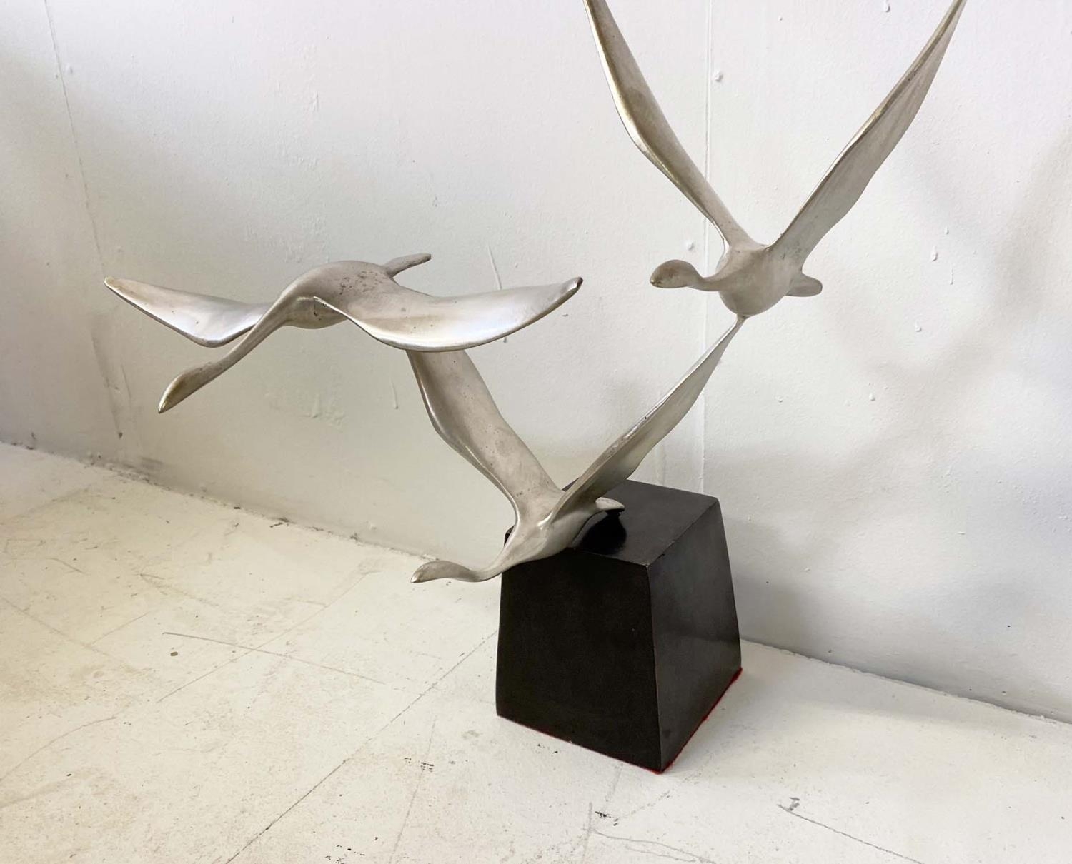 CONTEMPORARY SCHOOL SCULPTURE, silvered bronze of flying birds, 50cm H x 58cm W x 34cm D. - Image 6 of 6
