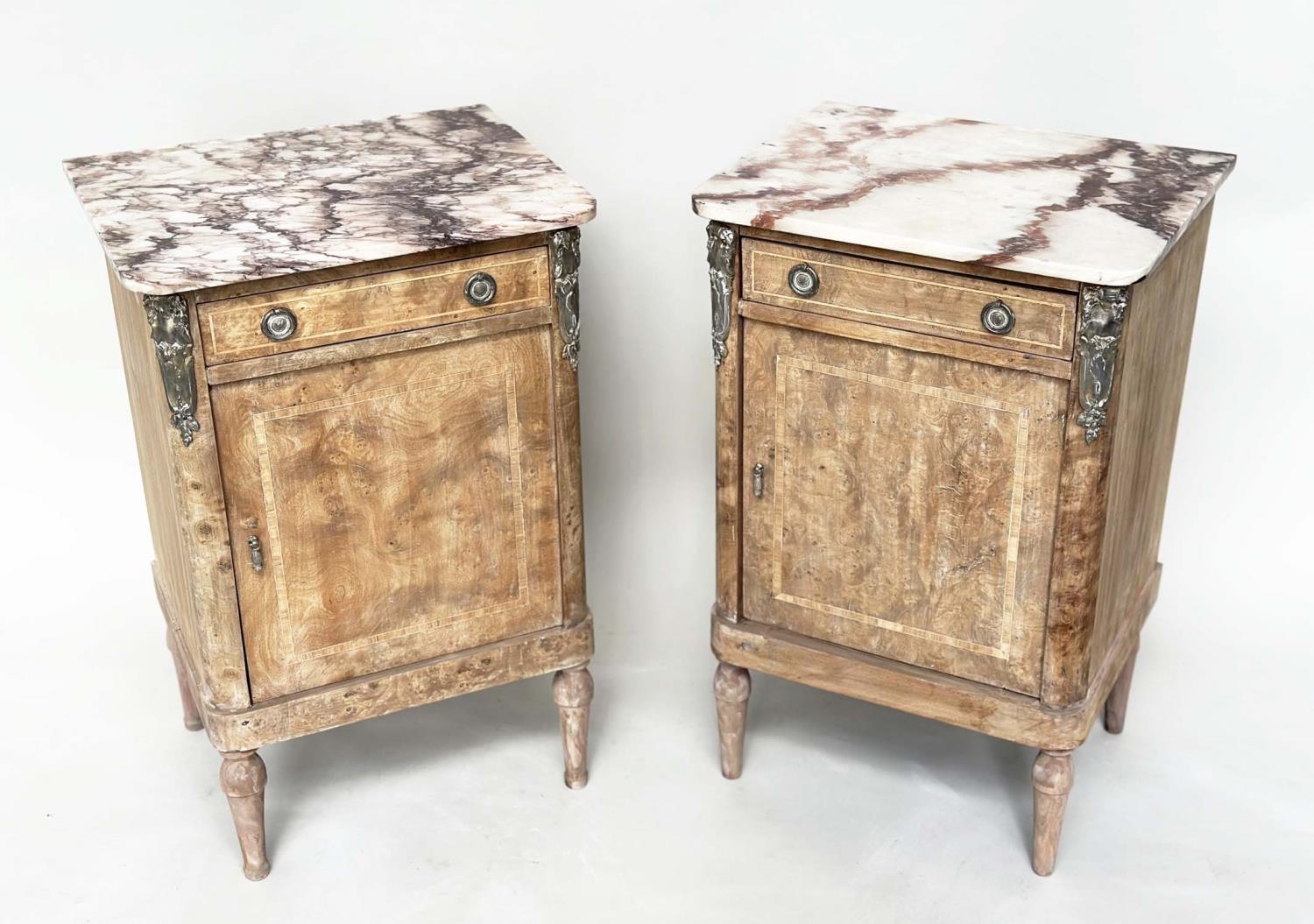 TABLES DE NUIT, a pair, 19th century French walnut and silvered metal mounted each with breche - Image 4 of 9