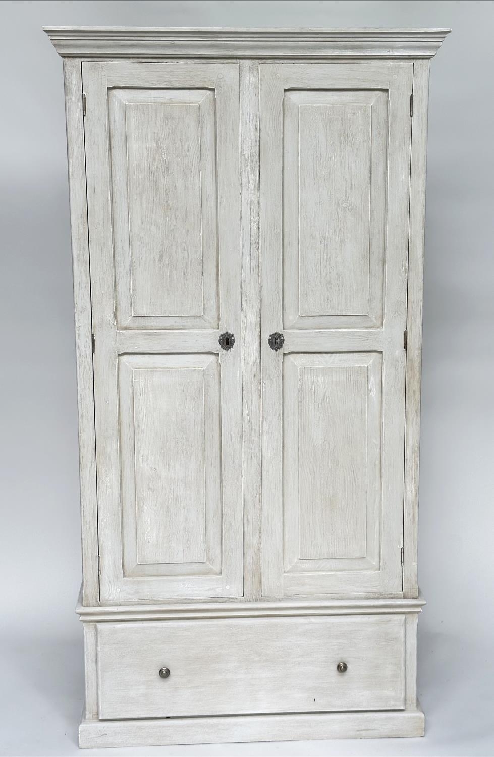 ARMOIRE, French style traditionally grey painted with two doors enclosing hanging space above a
