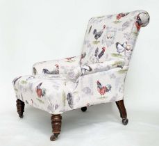 ARMCHAIR, early 20th century mahogany with cockerel and hen print upholstery and turned front
