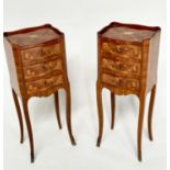 BEDSIDE CHESTS, a pair, French Transitional design Kingwood and marquetry, each with three