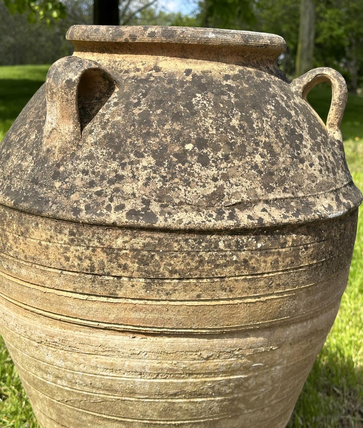 GARDEN AMPHORA, well weathered terracotta with loop handles and incised detail, 73cm H. - Image 4 of 8