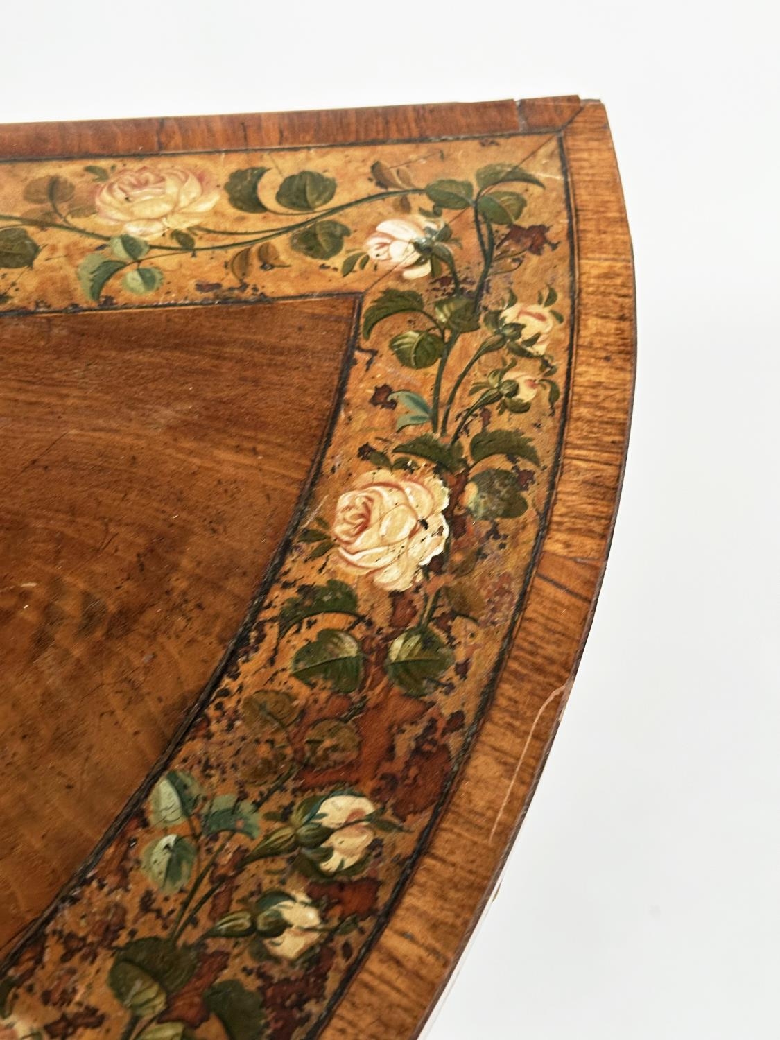 CARD TABLE, George III flame mahogany demi lune polychrome floral painted satinwood crossbanded, - Image 4 of 14