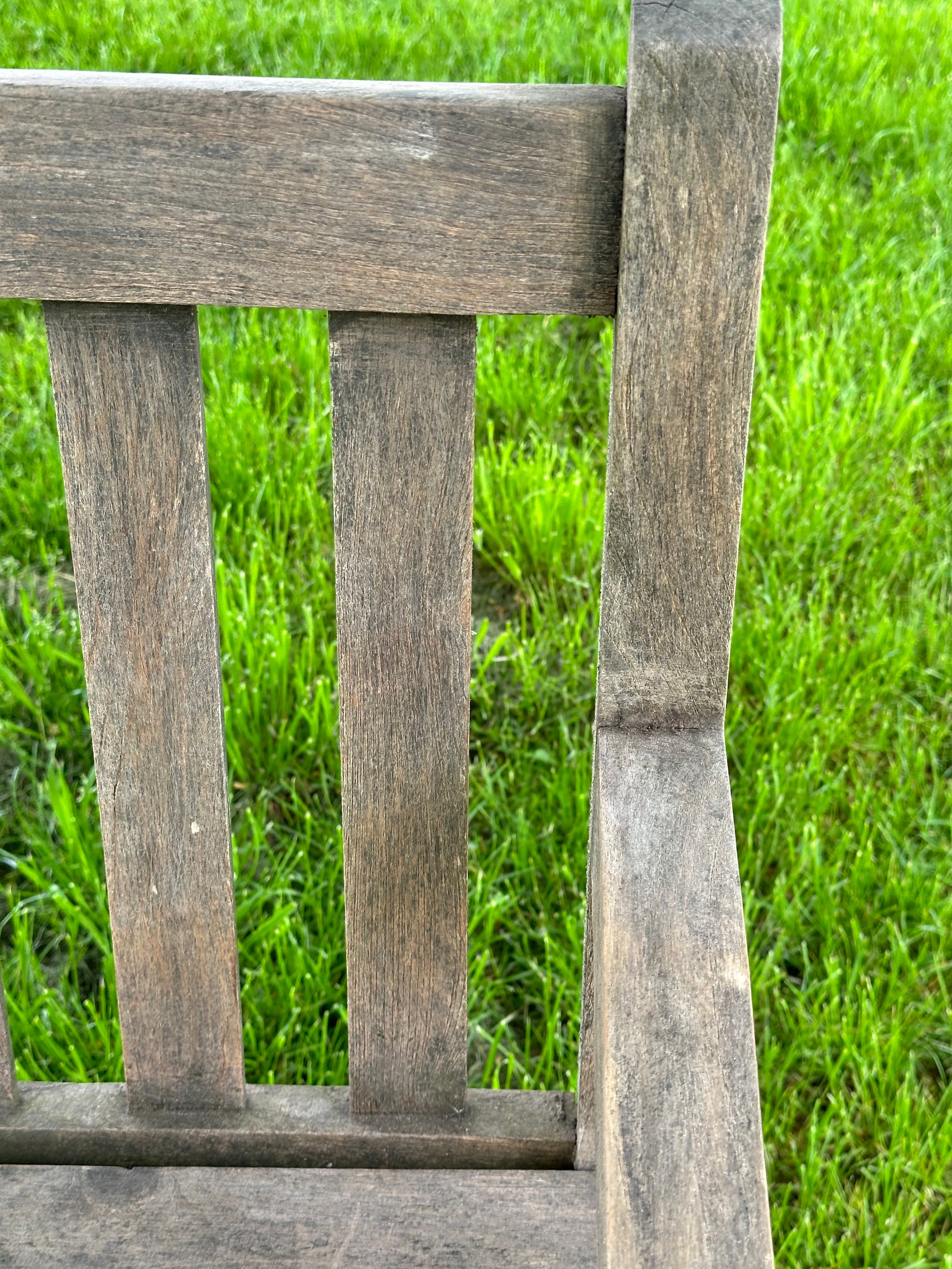 GARDEN BENCH, well weathered teak of slatted and pegged construction with shaped arms, 120cm W. - Image 3 of 6