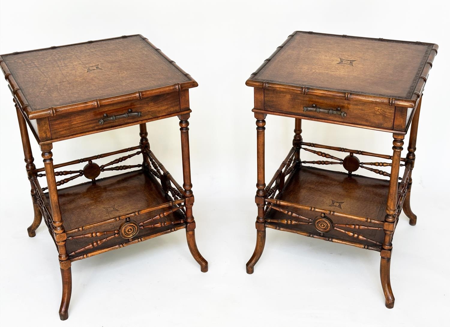 THEODORE ALEXANDER LAMP TABLES, a pair, Regency style, tooled leather faux bamboo and turned - Image 4 of 11