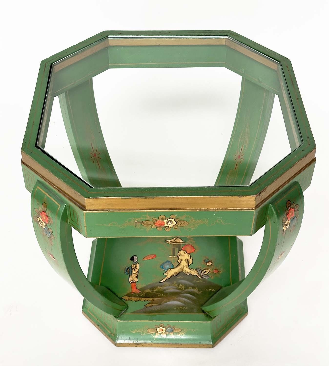 OCCASIONAL TABLES, a pair, Art Deco period green polychrome and gilt Chinoiserie decorated each - Image 12 of 12