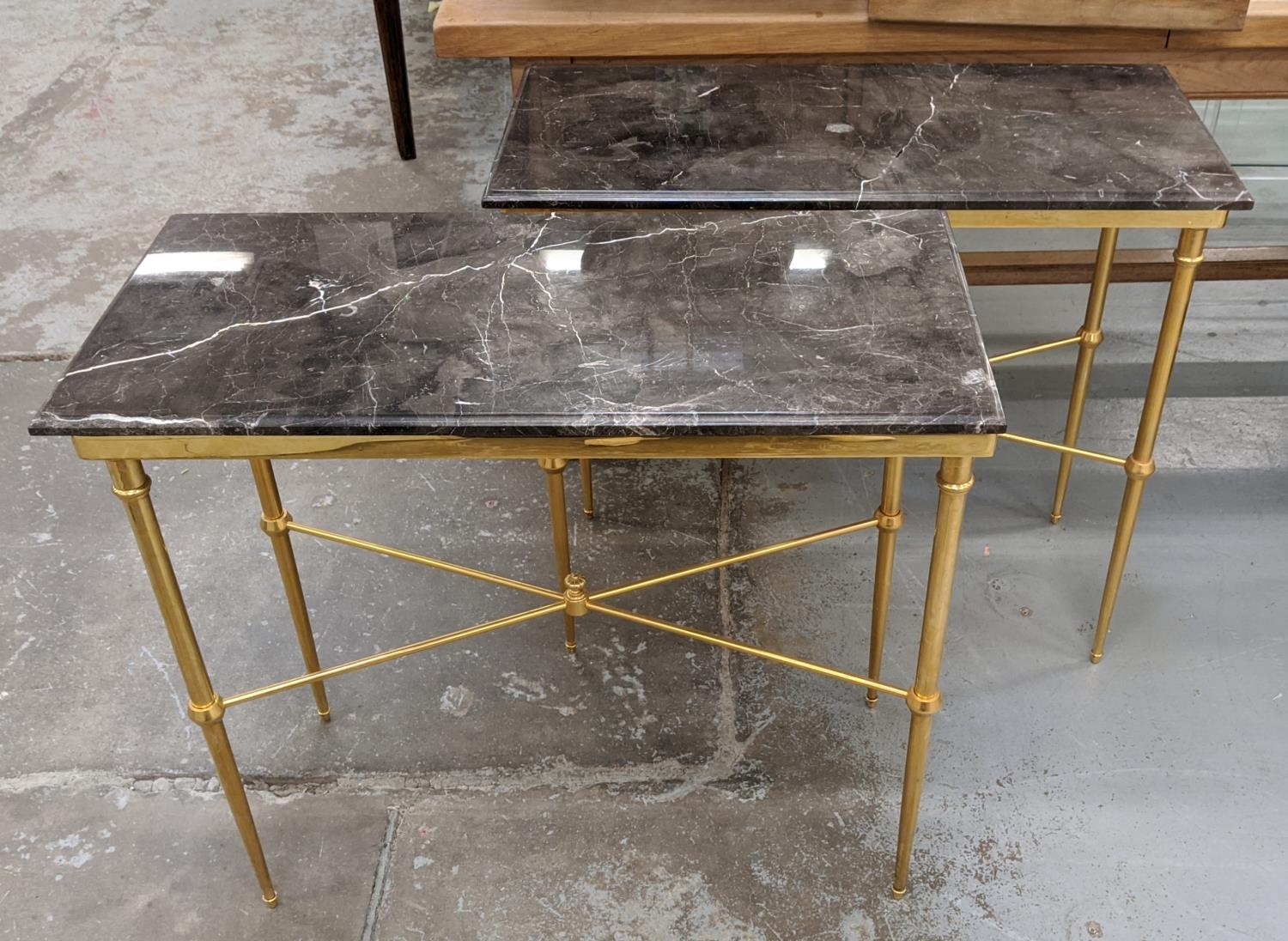 CONSOLE TABLES, a pair, gilt metal, marble tops, 85cm x 40cm x 75.5cm. (2)