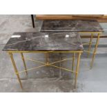 CONSOLE TABLES, a pair, gilt metal, marble tops, 85cm x 40cm x 75.5cm. (2)