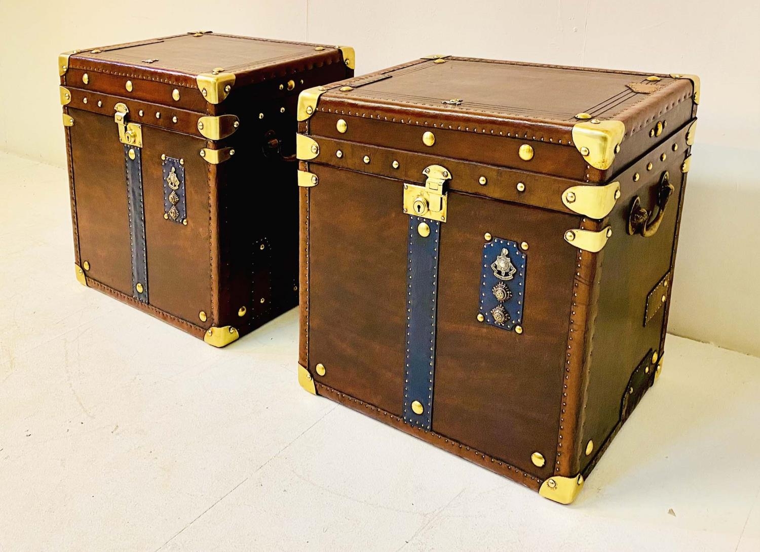 STEAMER TRUNKS, a pair, leathered and gilt metal bound with faux military decoration, 51cm H x - Image 2 of 7