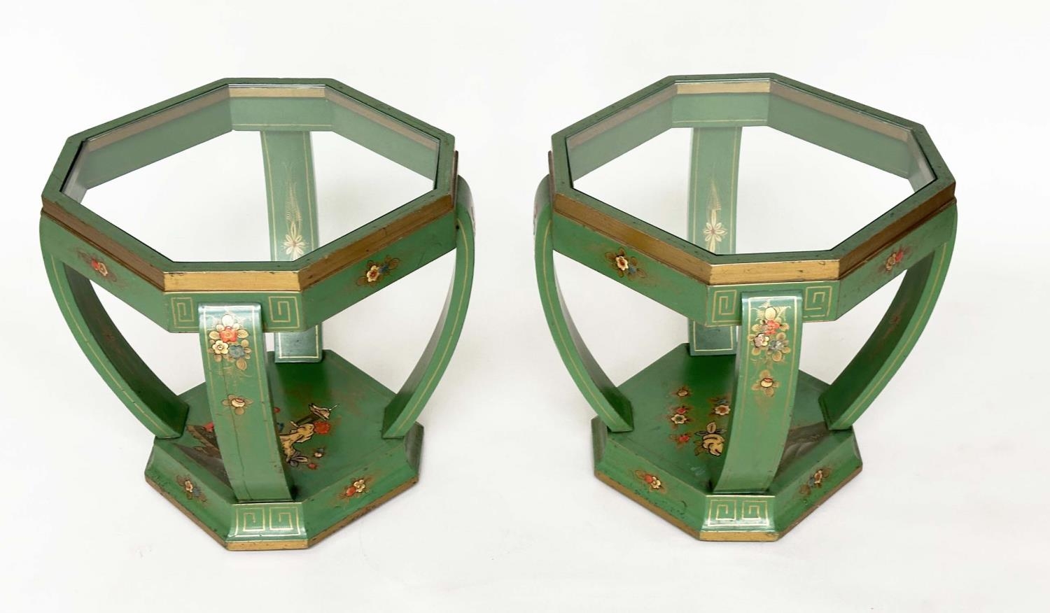 OCCASIONAL TABLES, a pair, Art Deco period green polychrome and gilt Chinoiserie decorated each - Image 6 of 12