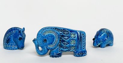 BITOSSI, three pieces, Tuscan blue ceramic including two elephants and a horse head, largest 16cm W.