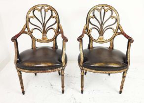 ARMCHAIRS, a pair, George III style ebonised and gilt framed with leather seats, attributed to
